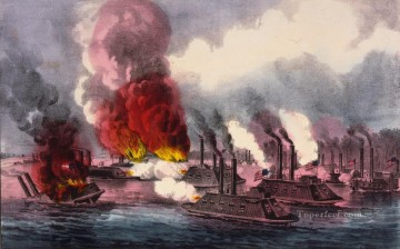 海戦 Painting - カーリエ・アイブス ライト砦近くのミシシッピ川での輝かしい海戦の勝利 1862 年の海戦